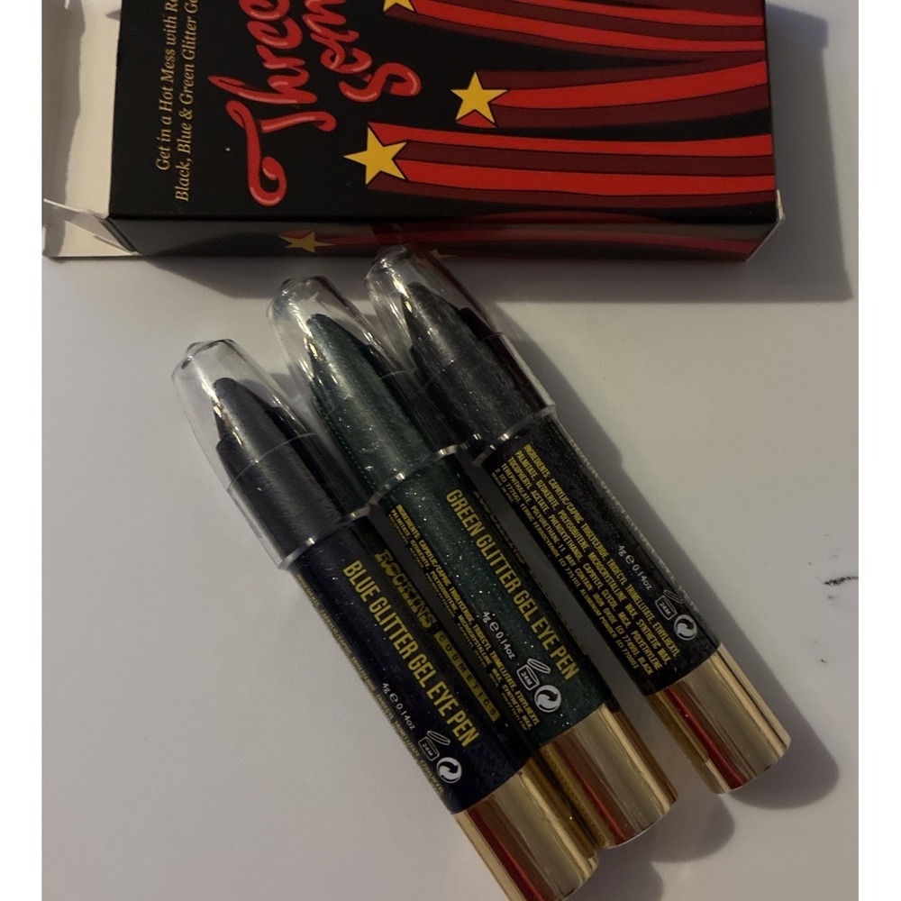 Rockins Cosmetics Hot Mess Threesome Glitter Gel Eye Pens Black Blue Green NEW